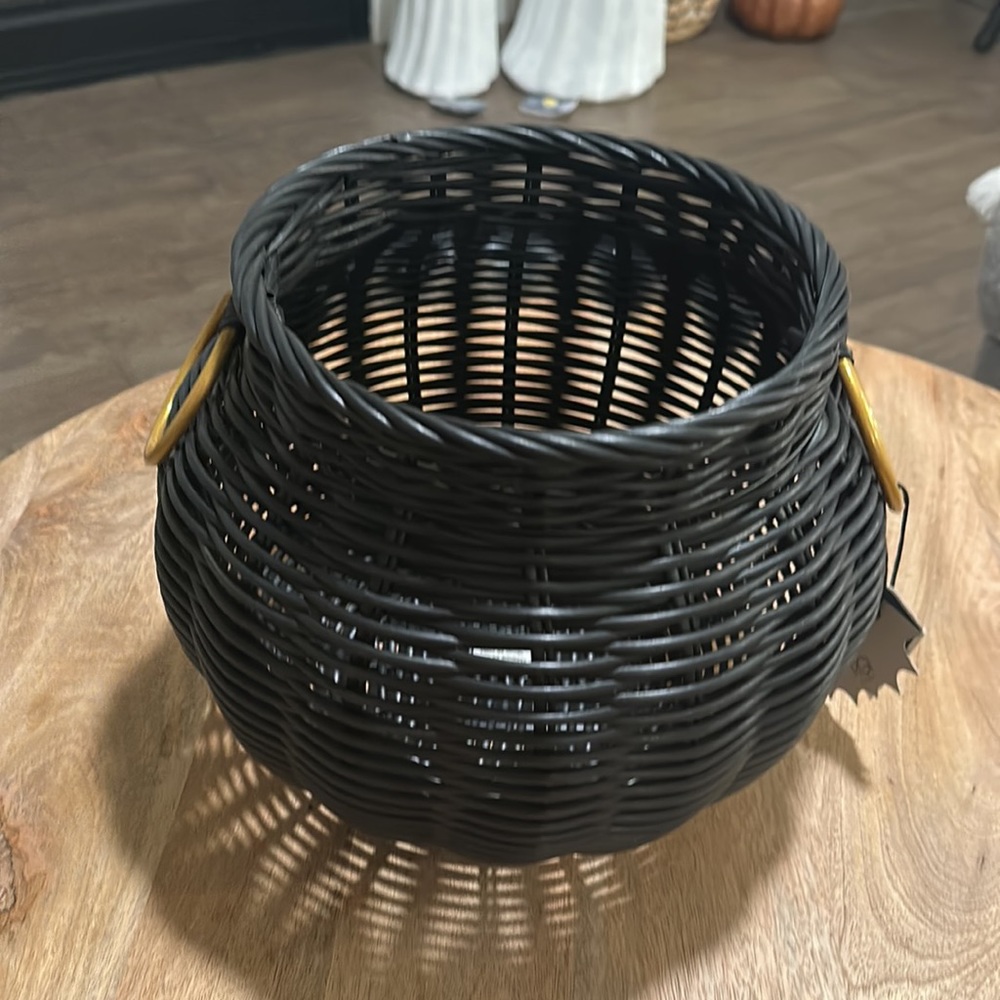 Large Black Resin Wicker Witch Cauldron Basket Boho Halloween Decor